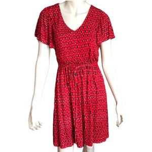 LOFT red white black dress elastic waist, belt, short sleeves, mid-length